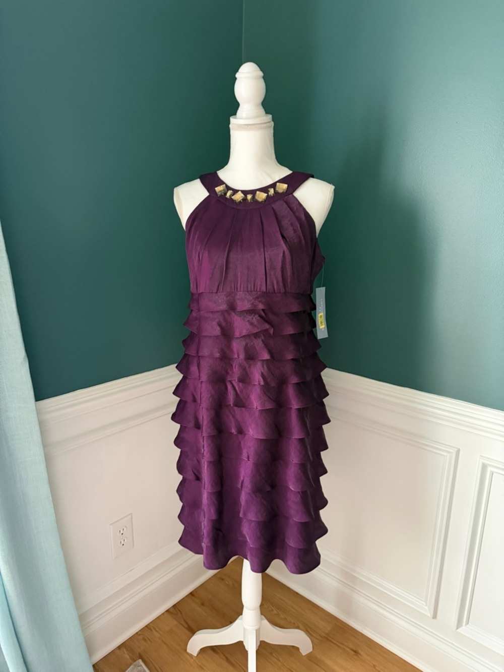 London Times Plum Ruffle Halter Dress with Gold Accent